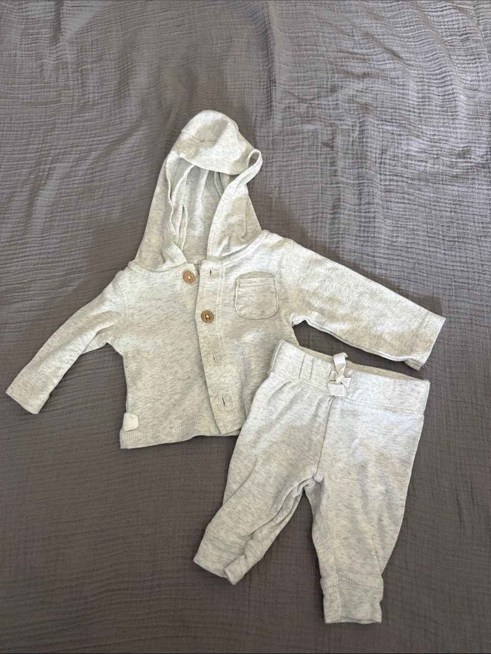 Carter's Newborn Hooded Button Top in Light Heather Gray with Wood-Tone Buttons